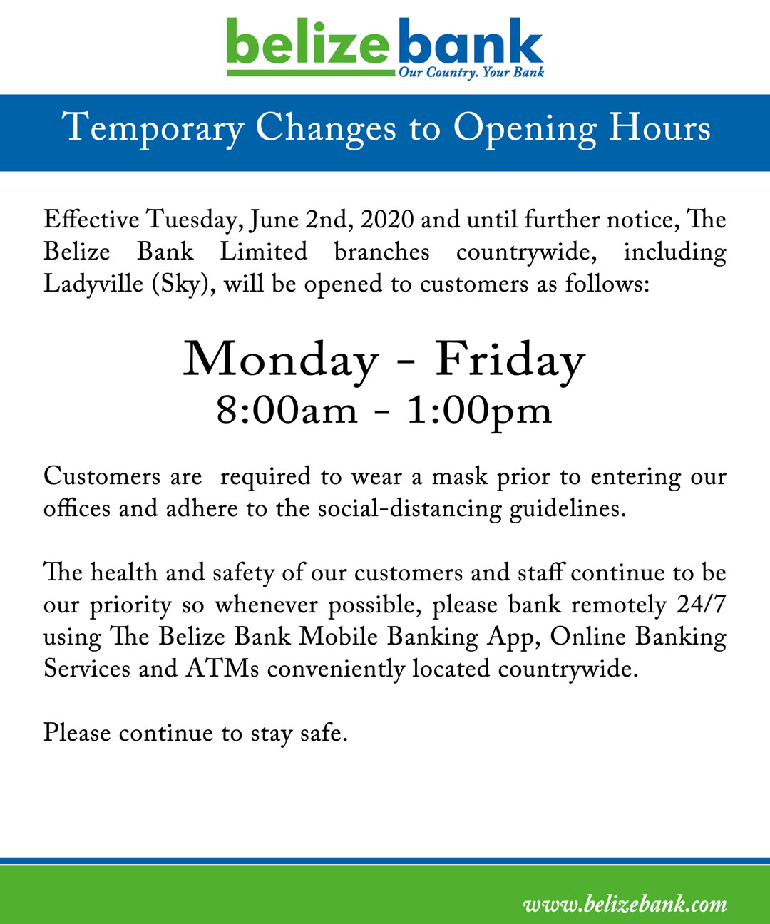Notice Tempory Changes To Opening Hours June 2020 Web Belize Bank